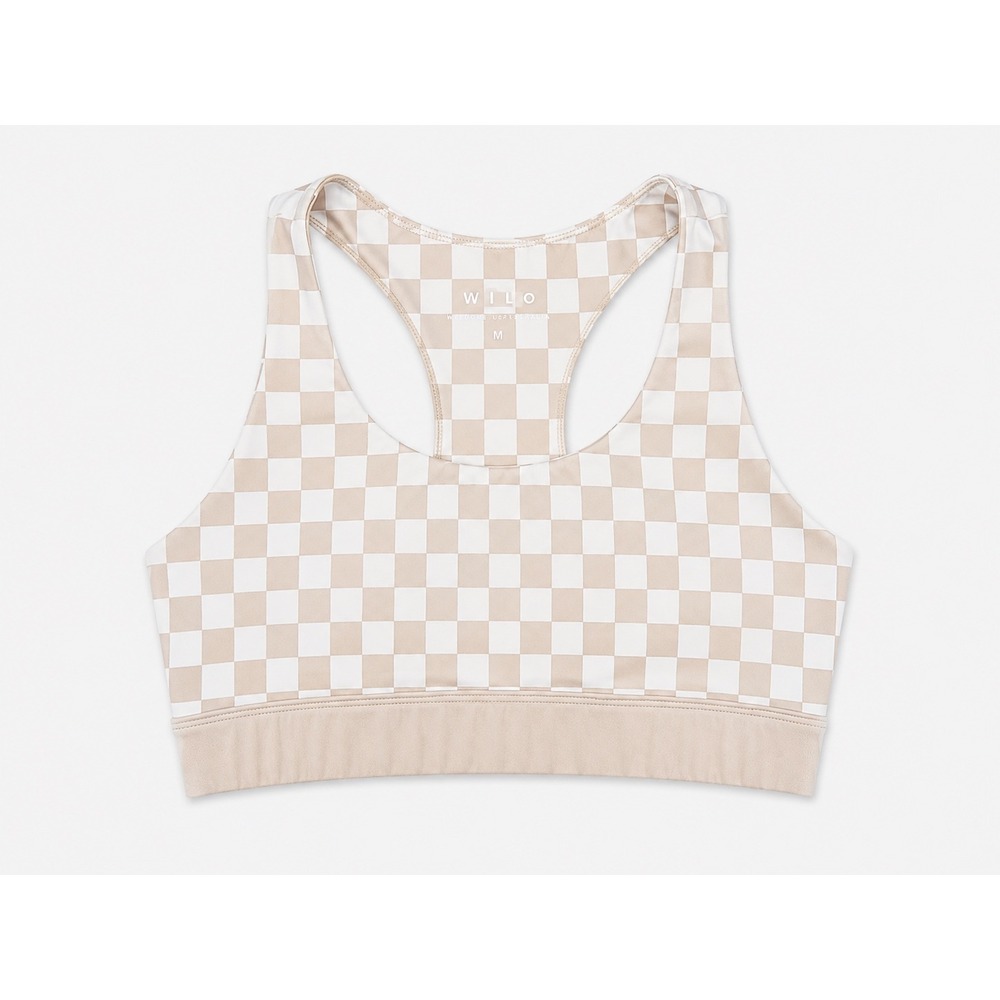 Wilo The Label Womens Tan Cream Checkered Racerback Sports Bra Size M